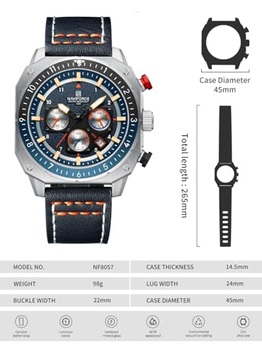 Image of NAVIFORCE NF8057 Square Vintage Military Chronograph Genuine Leather Analog Watch