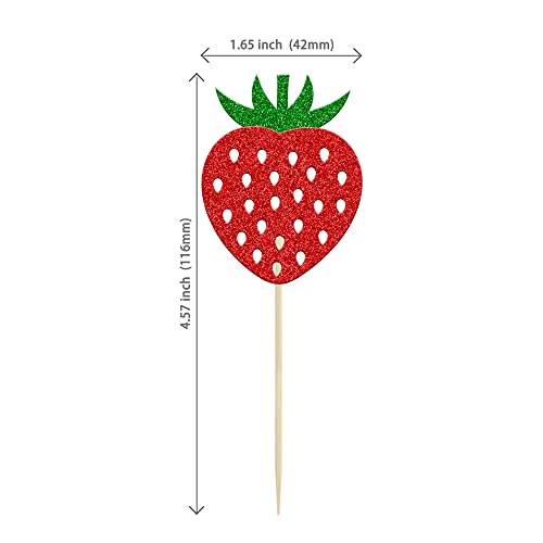 24Pcs Strawberry Cupcake Toppers Red Glitter Fruit Theme Strawberry Cupcake Pick Decorations for Summer Sweet Fruit Baby Shower Kids Birthday Party Cake Decorations Supplies