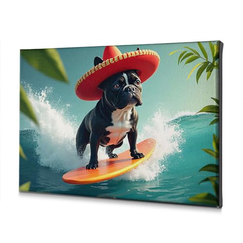 Toile pour salle de bain bouledogue surfant 40x60 cm | Tableau moderne humour animaux