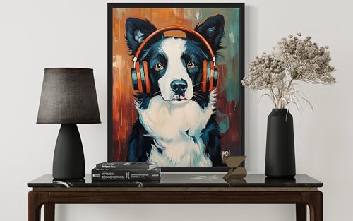Image of Border Collie Music Headphone Wall Black Framed Art Print Poster, Dog Pet Lover Picture Painting Artwork Bedroom Living Room Office Dining Room 150D (Border Collie Music Headphone, 14 inchL x 11 inchW, Black Frame)
