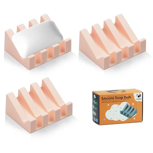 Coipdfty Self Draining Soap Dish Holder,Silicone Soap Dish,for Bathroom,Kitchen, Sponges，Can Extend Soap Life，Keep Soap Bars Dry and Easy Cleaning (N-Pink,3-Pack)