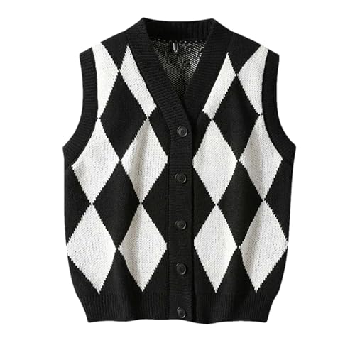 Men's Classic Argyle Knit Button Vest Casual V-Neck Plaid Sleeveless Cardigan Sweater