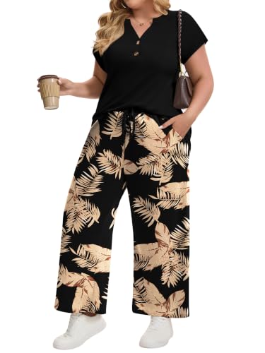 MK Shop Limited Plus Size Two Piece Lounge Sets for Women Spring Summer Vacation Outfits Short Sleeve Tops Wide Leg Matching Set Floral Black 3XL