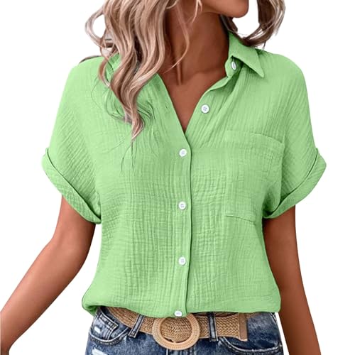 Linen Tops For Women Uk Summer Ladies Casual Button Down Short Sleeve Tunic Blouses With Pockets Textured Collared Solid Elegant T-Shirts Oversized Trendy Lounge Cotton Baggy Tshirts Women Tops