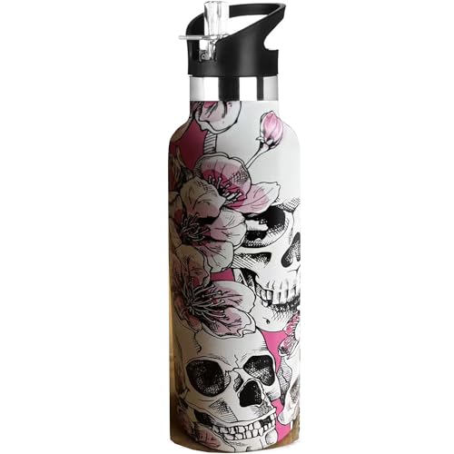 Bofemgt Skull Sport Water Bottle with Straw, Vacuum Insulated Stainless Steel Thermal Drinking Travel Mug Cups For Gym Fitness Camping-20oz/600ml