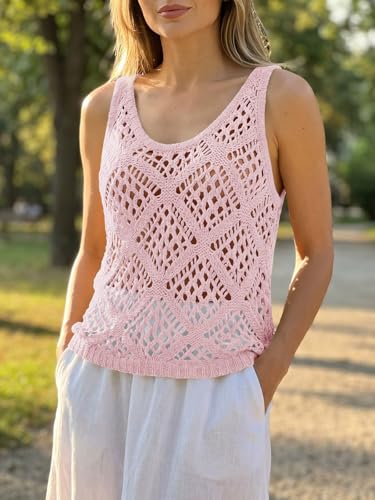 Image of Imily Bela Womens Summer Crochet Tank Tops Knit Sleeveless Sweater Vest | Boho Scoop Neck Tops Casual, Hollow Out Beach Cover Ups, Country Concert Outfits Vacation, Resort Wear, Loose Fit