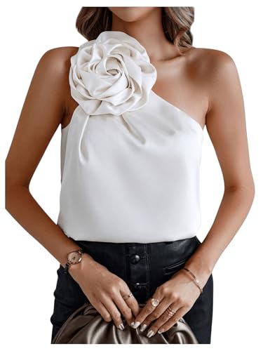 Milumia Women's 3D Flower Sleeveless Blouses One Shoulder Elegant Tank Tops