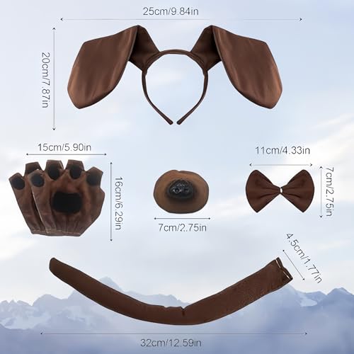 SDXCJY 5-teiliges Welpenkostüm-Set, Dackel-Hunde-Set mit Welpenohren, Stirnband und Fliege, falscher Nasenschwanz, Handschuhe, Zubehör für Halloween und Mottoparty (braun)