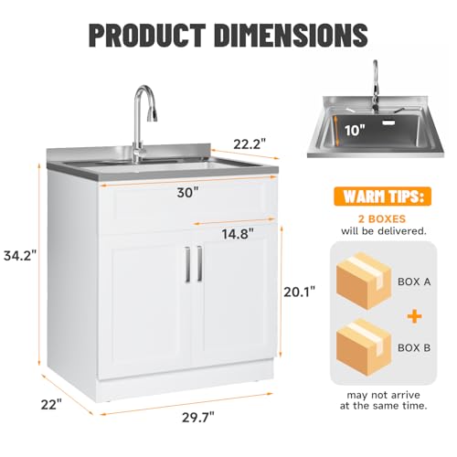 Image of Laundry Sink with Cabinet, Full Body Durable Stainless Steel, 30-Inch Wider Stainless Steel Utility Sink, Multi-Use for Laundry, Kitchen, Bathroom, Garage