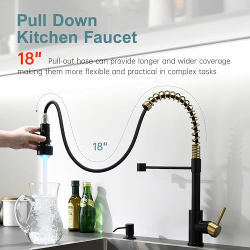 Image of GIMILI Black and Gold Kitchen Faucet with Soap Dispenser Single Hole Pull Down Sprayer LED Faucet, Suitable for Farmhouses, RV, Laundry Room, Outdoor, and Campers. Llave para fregadero de cocina