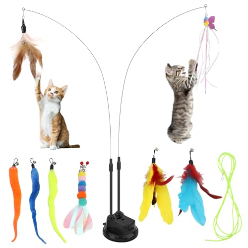VINGVO Juguete Pluma de Gato Interactivo, 14 Piezas Juguetes para Gatos, Juguetes para Gatos con 2 Teaser y Ventosa, 3 de Repuesto Plumas con Campana para Gato Jugar Ejercitar Interior
