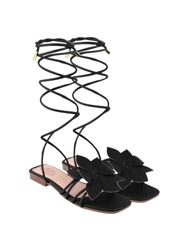 Image of Shoetopia Elegant Flat Sandals with Floral Detail | Chic Lace-Up Straps | Comfortable Summer Footwear for Women