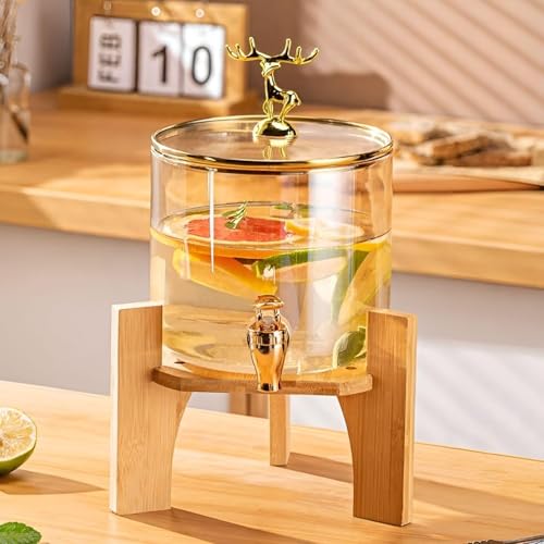 Image of 3 LTR Borosilicate Glass Detox Water jug Dispenser with Wooden Stand, Clear Glass Drink Dispenser with Tap for Water, Juice, Cocktails, Detox Drinks, Parties & Home Use | Pack of 1