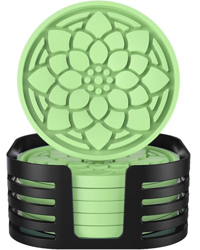Silicone Coasters Set of 6 with Holder, Silicone Drink Coasters for Coffee Table, Cup Mat for Drinks, Bar Coasters for Home Decor Tabletop Protection Non-Slip and Non-Stick, Round Green Coasters