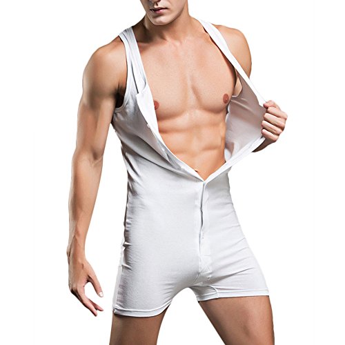 XZmy Men Bodysuit Gay Penis Pouch Body Suits Man Bodywear Bodybuilding Cotton Man Tank Top (Asian Size L, White)