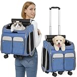 Cat Carrier with Wheels, 3-in-1 Pet Carrier Backpack on Wheels, Pet Travel Stroller Dog Trolley Backpack with Breathable Mesh, Collapsible Cats/Dogs Travel Bag for Small & Medium Pets(Blue)