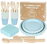Anstore Azul Platos Desechables Elegantes, 200 Platos De Papel Floral Vintage Con Borde Festoneado Para 25 Invitados, Vajilla Desechable Con Plato, Cuchara, Tenedor, Cuchillo, Vasos, Servilletas