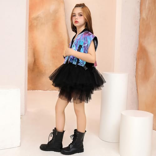 Perfashion Girls Vest Cropped Cargo Metallic Jacket Buckle Zip Up With Pockets Streetwear Outfit 4-13Y4