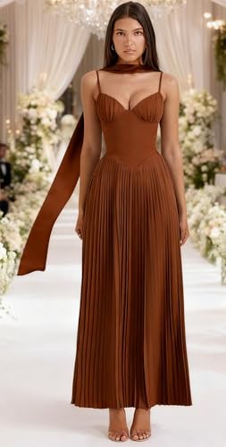 Bridesmaid Dresses for Women Drawstring Spaghetti Straps Pleated Maxi Dress Scarf Satin DN0543