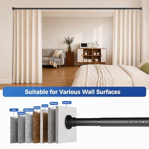 Image of ALLZONE Tension Curtain Rod for Window, 83-123 Inches, Heavy Duty Curtain Rods No Drilling, Non-Slip Bathroom Shower Tension Rod, Renter Friendly, Adjustable, Spring Loaded, Extra Long, Black