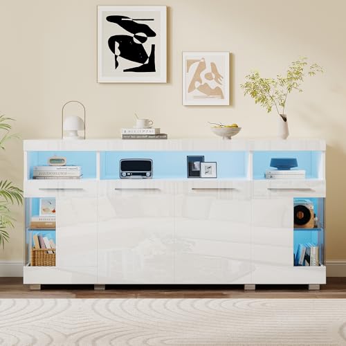 Yihomfy Meuble Cuisine avec Éclairage LED, Buffet, Meuble de Rangement, avec 4 Portes et...
