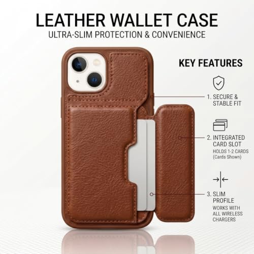 Image of amazon basics Luxury Vegan Leather Back Cover for iPhone 12 | Built-in Card Holder Slot | Integrated Mobile Stand | Slim Shockproof Protective Case with Stitched Finish - Brown