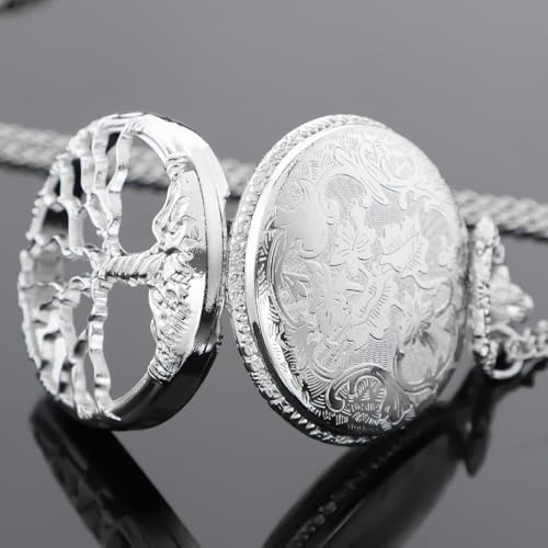 Image of Tiong Pocket Watch Hollow Tree of Life Design Roman Numerals Engraved Bible Verse Quartz Pocket Watch with Chain Custom Pocket Watch Birthday Gifts