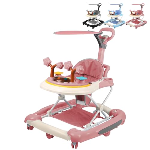 XUANYU 4 en 1 Andador Bebé con Estación de Juego, Carrito de Despertar Caminar Andador con Toldo, Ajustable en Altura, Caminar Andadores para 6-36 Meses Niños y Niñas (Rosa)