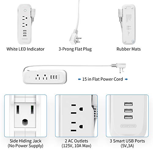 Travel Power Strip With Usb - Ntonpower 2 Outlets 3 Usb Portable Desktop Charging Station, 15 Inches Wrapped Short Extension Cord For Hotels, Cruise, Nightstand, Airports, Conference Room - White #TOP4