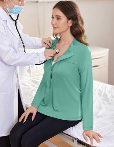 Deyeek Chemo Port Shirts for Women 2 Side Snaps Long Sleeve Shoulder Post Surgery Clothing Dialysis Breast Cancer Shirts4