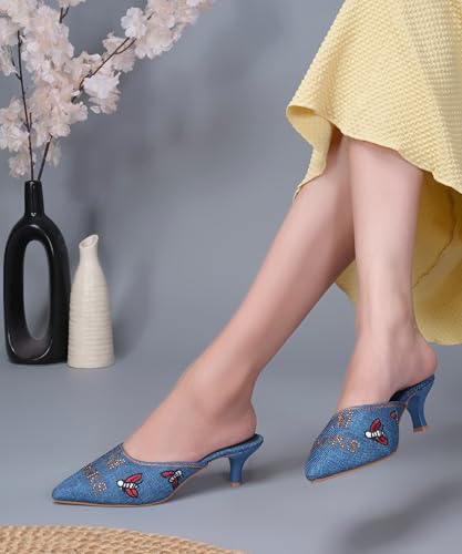 Image of JM LOOKS Pointed Toe Kitten Heel Mules Featuring Exquisite Bee Embroidery and Shimmering Textured Fabric Finish