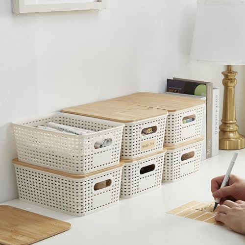 Bagnizer Small Plastic Storage Bins With Bamboo Lids 5.2Qt Stackable Box Basket Pantry Decorative Containers Cute With Lable For Organizing Desktop Closet Office Cream White Of 6 Packs 10*7.2*4.1'’ thumb #6