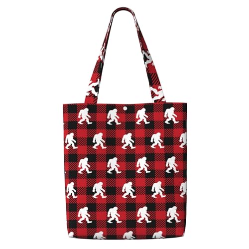 Red Buffalo Plaid Bigfoot Christmas Sasquatch Canvas Tote Bag Aesthetic For Women, Reusable Tote Shoulder Bags For Vacation, Shopping, Work, Grocery