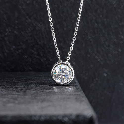 Moissanite 0.5-3ct Necklaces 18K White Gold Plated 925 Sterling Silver Bezel Set Round Cut D Color VVS1 Lab Created Diamond Solitaire Pendant Necklace for Women Men GRA Certified 5