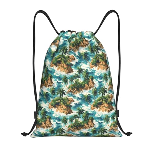 Drawstring Backpack - Tropical Hawaiian Island Print Sports Gym Sackpack String Bag For Women Men, Lightweight Draw String Back Bag For Workout Travel