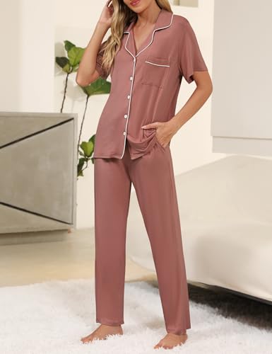Image of Senert Womens 2 Piece Pajamas Set Button Down Top and Pants Soft Sleepwear | Short Sleeve Lounge Sets with Pockets, Maternity / Nursing /Postpartum Pjs Set, Bride Pjs Set for All Seasons