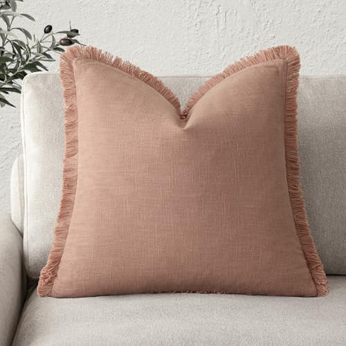 Image of Foindtower Decorative Linen Fringe Throw Pillow Covers Cozy Boho Farmhouse Cushion Cover with Tassels Soft Accent Pillowcase for Chair Sofa Bed Living Room Home Decor, 20x20 Inch,1PC,Coral Pink