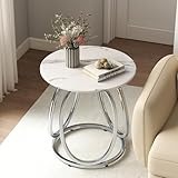 O&K FURNITURE Silver End Table, Round Side Table with Faux Marble Veins, Modern Nightstand for Bedroom, Living Room, Home Office, 1PC