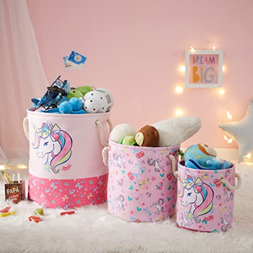 Image of JoJo Siwa Pink Bow and Unicorn 3 Piece Multi Size Fabric Nestable Toy Storage Basket Set, with Rope Carry Handles