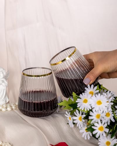 Image of Goodluck 120 Pack 12oz Stemless Ribbed Plastic Wine Glasses Gold Rim | Clear Cups Fancy Reusable Disposable Drinkware for Weddings, Parties, Bars, Indoor and Outdoor Events