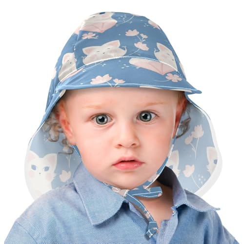 Toddlers Sun Hat Baby Boys' Bucket Hats Baby Girls' UPF 50+ Protection Neck Flap Traveling Swim Hat Peach Cute White Cats Spring Blue2