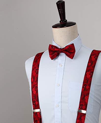 Image of HISDERN Suspenders for Men Paisley Floral Bow tie Suspender Pocket Square Sets Adjustable Y Shape 6 Clips Wedding Braces