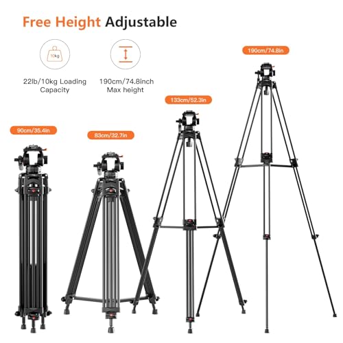 ビデオ三脚、COMAN 74インチ プロフェッショナルメタルヘビーデューティーカメラ三脚、調節可能なダンピングフルードヘッド、デュアルモードQRプレート、DJI RS Manfrotto (Q6 New Fluid Head)対応