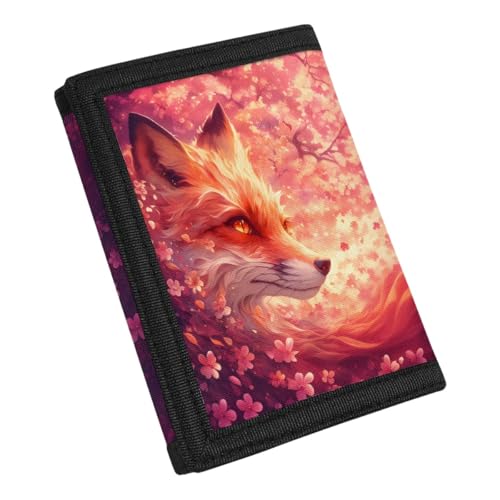 Kids Stylish Prints Trifold Wallet Teens Boys Girls Coin Case Lightweight Card Holder Moneybag Organizer,Orange Sakura and Fox3