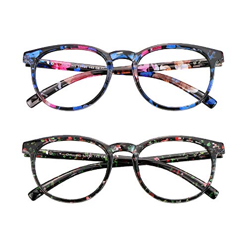 Blue Light Blocking Glasses, 2 Pairs Computer Glasses for Anti Eyestrain，Stylish Oval Frame, Anti Glare (Pink Floral + Red Floral, No Magnification)
