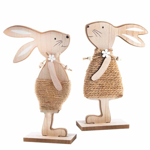 YIEUR 2 Stück Osterhasen Holz Figuren Aufsteller Ostern Hase Deko, 17cm Osterdeko Hasen Osterhasen Holz zum Hinstellen für Draußen Tischdeko Garten Deko (Hanfseil)