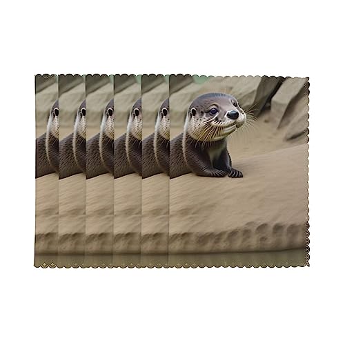 Otter Placemats Set Of 6, Washable Polyester Placemat, Rectangular Heat Insulation Dining Table Decoration 12" X 18" #TOP1