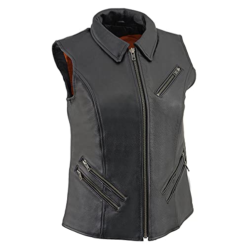 Milwaukee Leather MLL4520 Ladies Black Zipper Front Vest with Shirt Style Collar - 2X-Large