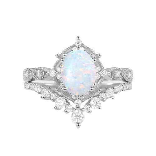 1.5ct Oval Opal Engagement Rings for Women Genuine Opal Rings Set 925 Sterling Silver 2pcs Vintage Inspired V Shaped Wedding Band Anniversary Promise Ring