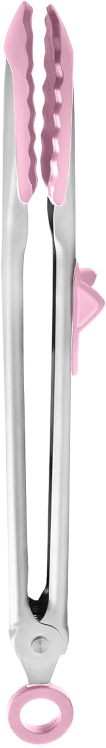 Tovolo Tongs With Silicone Tips Easy Grip 13″ Long Kitchen Tongs Stainless Steel Handle For Cooking, Non Scratch Heat Resistant Locking Tongs Silicone Tipped Dishwasher Safe BPA Free, Pink Sorbet